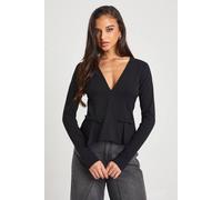 boohoo Women's Bengaline Plunge Front Long Sleeve Bow Detail Top in Black | Size: 6