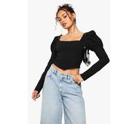 boohoo Women's Bengaline Puff Sleeve Square Neck Top in Black | Size: 12