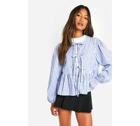 boohoo Women's Blue Stripe Tie Front Puff Long Sleeve Smock Top | Size: 6