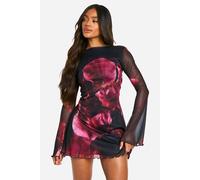 boohoo Women's Blur Floral Mesh Flare Sleeve Mini Dress in Black | Size: 14