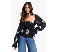 boohoo Women's Blurred Floral Print Ruched Corset Bust Woven Blouse in Black | Size: 16