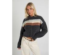 boohoo Women's Boucle Knit Stripe Zip Through Jumper in Charcoal | Size: Large