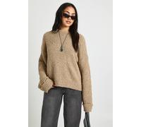 boohoo Women's Boucle Oversized Fold Over Cuff Detail Knitted Jumper in Stone | Size: Large