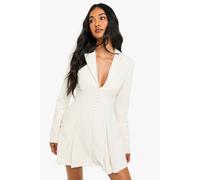 boohoo Women's Boucle Tailored Hook & Eye Detail Cinched Waist Blazer Dress in Ivory | Size: 8