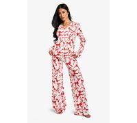 boohoo Women's Bow Print Long Sleeve Shirt & Trousers Pyjama Set in Red | Size: 16