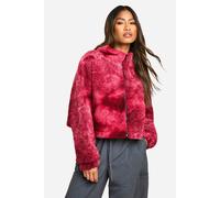 boohoo Women's Boxy Tie Dye Print Teddy Bomber Jacket in Red | Size: 14