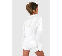 boohoo Women's Bridal 'bride' Embroidered Long Sleeve Shirt & Shorts Pyjama Set in Cream | Size: 14