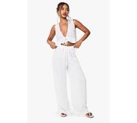 boohoo Women's Bridal Cheesecloth Ruffle Detail Halterneck Top & Trousers Pyjama Set in White | Size: 10