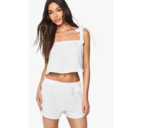 boohoo Women's Bridal Cheesecloth Tie Strap Cami Top & Shorts Pyjama Set in White | Size: 14