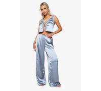 boohoo Women's Bridal Something Blue Satin Wide Leg Pyjama Trousers in Light Blue | Size: 8