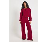 boohoo Women's Brushed Rib Button Up Henley Top & Wide Leg Trouser in Wine | Size: 14