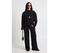 boohoo Women's Brushed Rib Turn Up Cuff Detail Top & Trouser Co Ord in Black | Size: 8