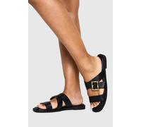 boohoo Women's Buckle Detail Cross Strap Sandals in Black | Size: 4