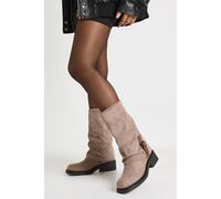boohoo Women's Buckle Detail Fold Over Calf High Boots in Taupe | Size: 5