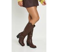 boohoo Women's Buckle Detail Studded Western Biker Boots in Brown | Size: 5