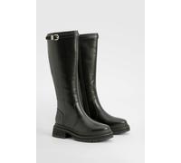 boohoo Women's Buckle Strap Detail Chunky Knee High Boots in Black | Size: 6