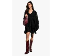 boohoo Women's Burnout Paisley Tiered Belted Skater Dress in Black | Size: 8