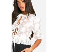 boohoo Women's Burnout Volume Sleeve Tie Front Blouse in Ivory | Size: 6