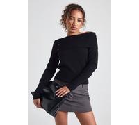 boohoo Women's Button Detail Rib Knit Bardot Jumper in Black | Size: Medium