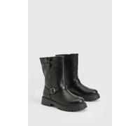 boohoo Women's Calf High Buckle Biker Boots in Black | Size: 5