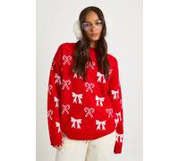 boohoo Women's Candy Cane Bow Christmas Jumper in Red | Size: Medium