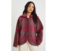 boohoo Women's Check Oversized Teddy Zip Up Jacket in Burgundy | Size: 10
