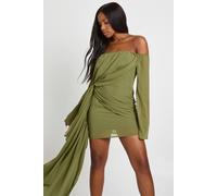 boohoo Women's Chiffon Bardot Ruched Mini Dress in Olive | Size: 16
