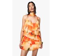boohoo Women's Chiffon Blurred Abstract Scarf Detail Mini Dress in Orange | Size: 8