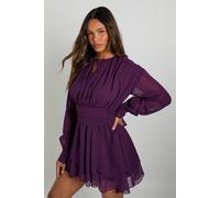 boohoo Women's Chiffon Long Sleeve Skater Dress in Plum | Size: 8