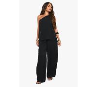 boohoo Women's Chiffon Textured Draped Wide Leg Jumpsuit in Black | Size: 12