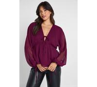 boohoo Women's Chiffon Tie Front Volume Blouse in Wine | Size: 12