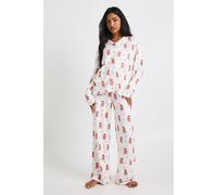 boohoo Women's Christmas Candy Cane & Bear Print Long Sleeve Shirt & Trousers Pyjama Set in White | Size: 12