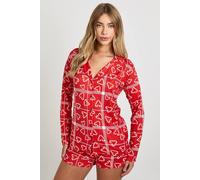 boohoo Women's Christmas Candy Cane Print Long Sleeve Shirt & Shorts Pyjama Set in Red | Size: 10