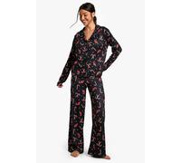 boohoo Women's Christmas Candy Cane Print Long Sleeve Shirt & Trousers Pyjama Set in Black | Size: 10