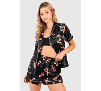 boohoo Women's Christmas Candy Cane Print Satin Long Sleeve Shirt & Shorts Pyjama Set in Black | Size: 10