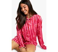 boohoo Women's Christmas Candy Cane Print Stripe Long Sleeve Shirt & Shorts Pyjama Set | Size: 16