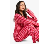 boohoo Women's Christmas Candy Cane Print Stripe Long Sleeve Shirt & Trousers Pyjama Set in Pink | Size: 12