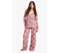 boohoo Women's Christmas Candy Stripe Wreath Print Long Sleeve Shirt & Trousers Pyjama Set in Red | Size: 8