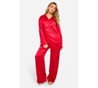 boohoo Women's Christmas Embroidered 'i Heart Santa' Pocket Detail Long Sleeve Shirt & Trousers Pyjama Set in Red | Size: 12
