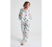 boohoo Women's Christmas Holly Print Satin Oversized Long Sleeve Shirt & Trousers Pyjama Set in White | Size: 10