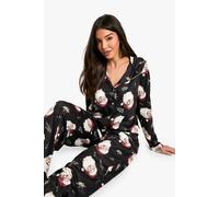 boohoo Women's Christmas Vintage Santa Print Long Sleeve Shirt & Trousers Pyjama Set in Black | Size: 8
