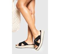 boohoo Women's Chunky Buckle Crossover Flatforms in Black | Size: 5