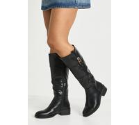 boohoo Women's Chunky Knee High Buckle Detail Flat Boots in Black | Size: 4