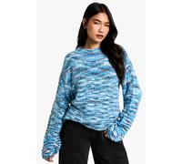 boohoo Women's Chunky Knit Blue Marl Boxy Knitted Crew Neck Jumper | Size: Medium