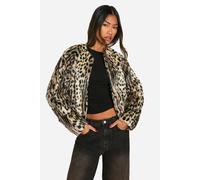 boohoo Women's Collarless Leopard Faux Fur Jacket in Light Beige | Size: 12