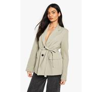 boohoo Women's Contrast Button Detail Belted Blazer in Sage | Size: 14