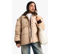 boohoo Women's Contrast Collar Oversized Puffer Jacket in Stone | Size: 12
