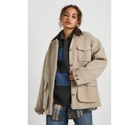 boohoo Women's Contrast Cord Collar Wool Look Barn Jacket in Stone | Size: 14