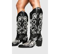 boohoo Women's Contrast Embroidered Knee High Western Boots in Black | Size: 3