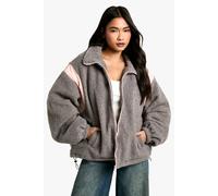 boohoo Women's Contrast Nylon Panel Teddy Jacket in Grey | Size: 12